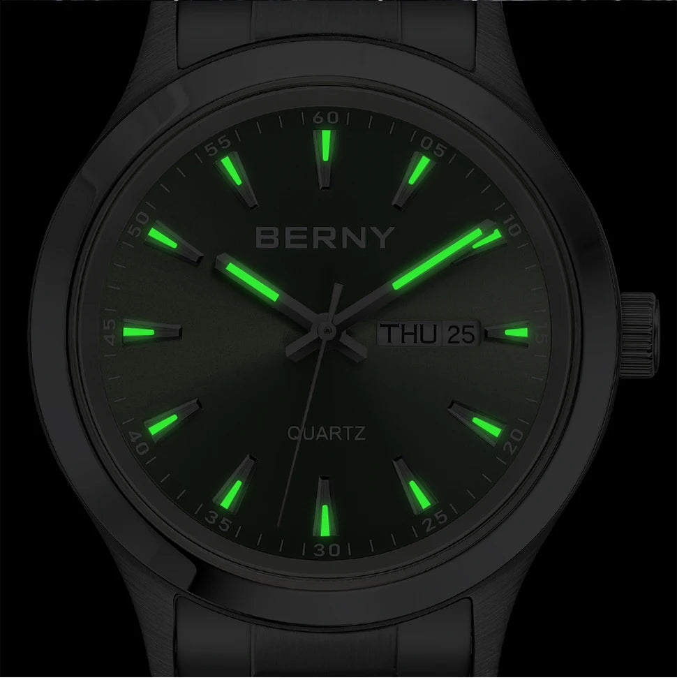 BERNY Men Quartz Watch  Fashion Texture Wristwatch for Men Ultra Thin Men Watch Calendar Luminous Stainless Steel Dress Watches