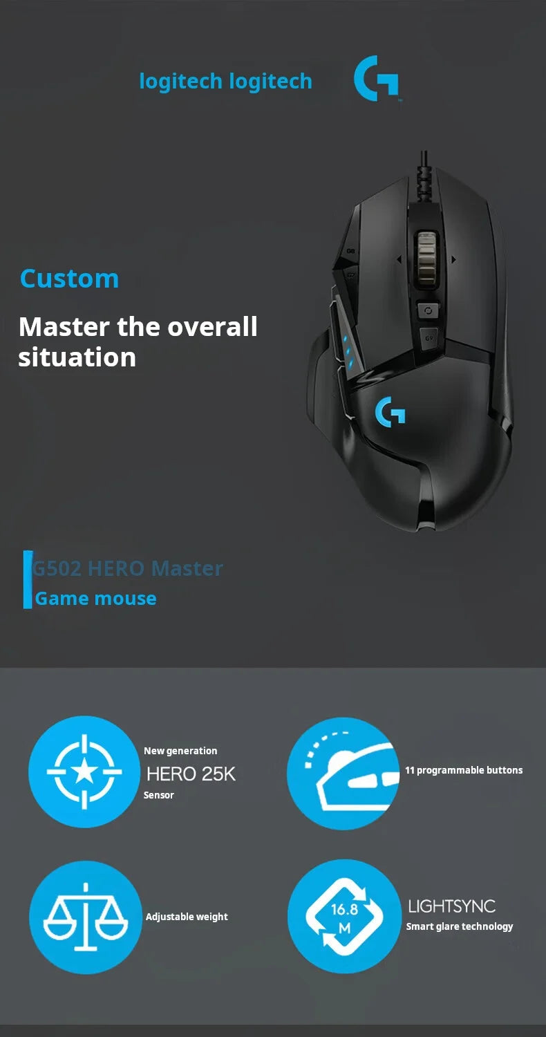 Геймърска мишка Logitech G502 HERO с кабел, e-sports, механична мишка с RGB подсветка, балансируемо тегло и програмируеми макроси за Battle Royale игри