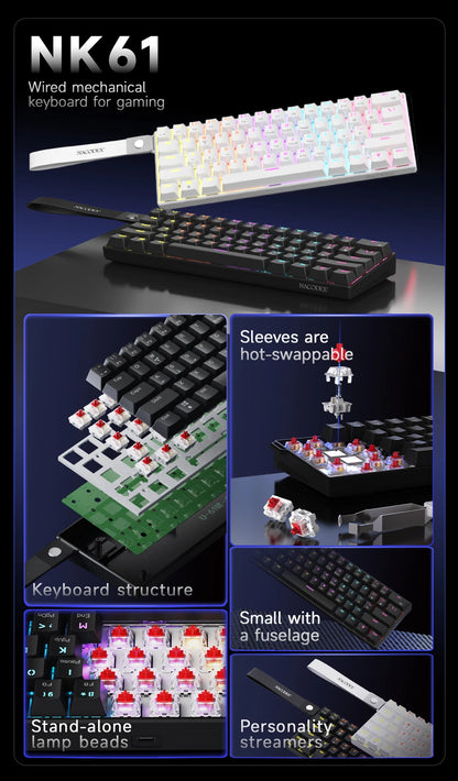 Ajazz NK61 Wired Mechanical Gaming Keyboard with full-key hot-swappable switches  RGB lighting effects 61 keys red switches