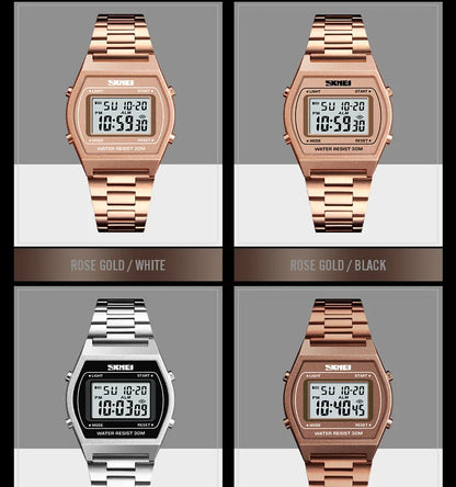 Skmei Unisex Digital Sport's Watches Stainless Steel Strap Led Waterproof 12/24 Hour Format Electronic Alarm Clock
