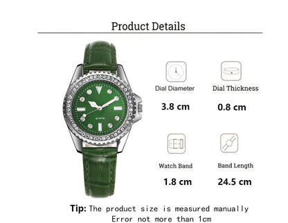 Ladies Luxury Diamond Branded Quartz Watch Fashion 2025 New Simple Green Leather Women's Dress Clock Watch DDP