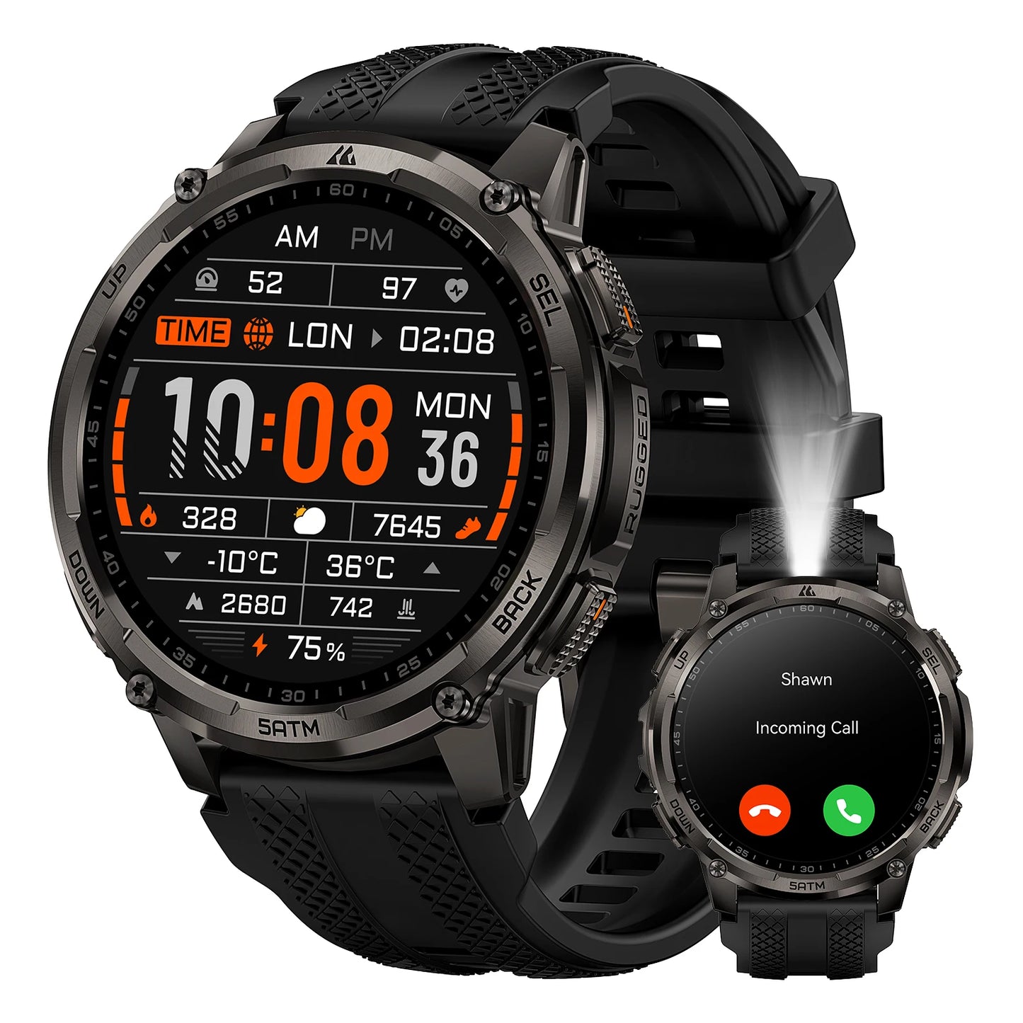 KOSPET TANK T4C Smartwatch Men's Outdoor GPS Watch with Bright LED Flashlight 5ATM Water-Resistant for Swimming Military Tough