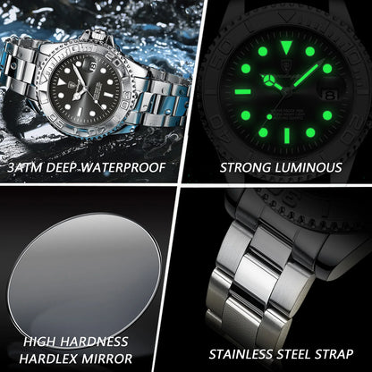 POEDAGAR Luxury Men's Watch Stainless Steel Date Quartz Fashion Watches For Man Waterproof Luminous Business Male Watch+Box Gift