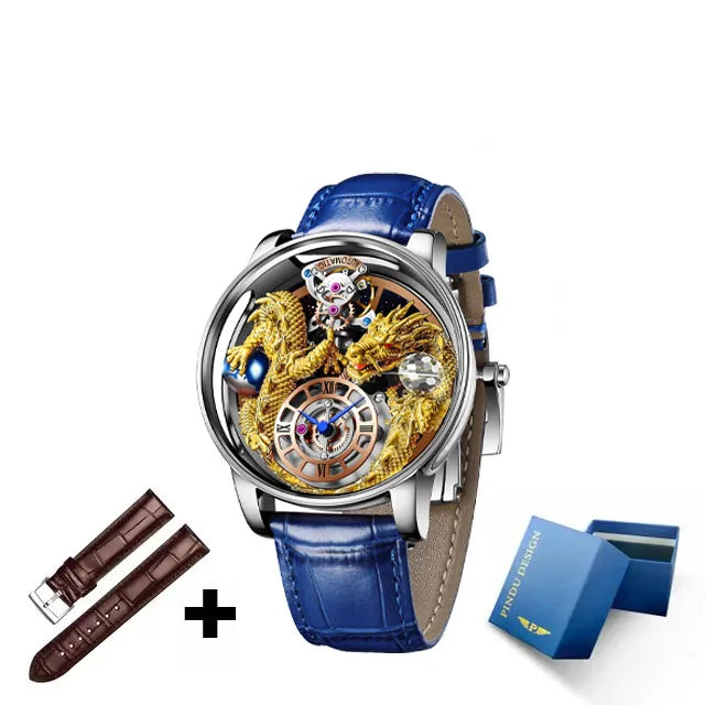 PINDU Fashion Roman Numeral Display Mineral Tempered Glass Material Quartz Movement 3ATM Waterproof Celestial Dragon Men's Watch
