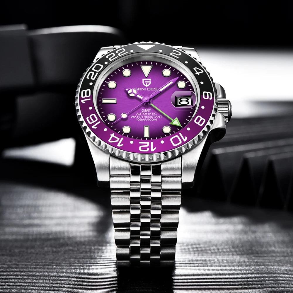 Montre mécanique pour homme PAGANI DESIGN (40 mm) – Cadran violet, fonction GMT, bracelet type Jubilee, verre saphir, étanche, mouvement automatique