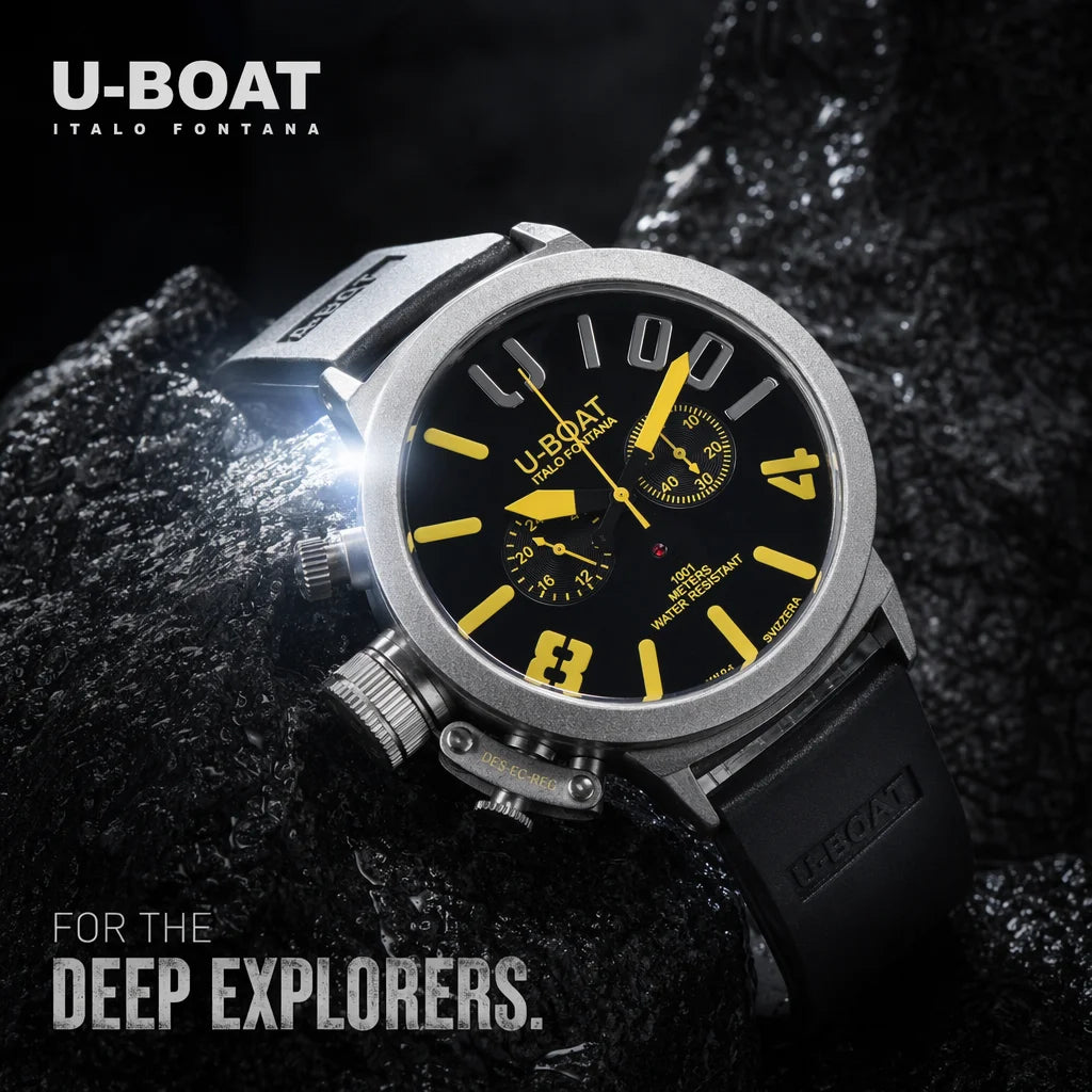 U-Boat Classico 1001 Style Men's Watch Big Dial Stainless Steel Case Rubber Band Luminous Waterproof 1001M Sports Wristwatch