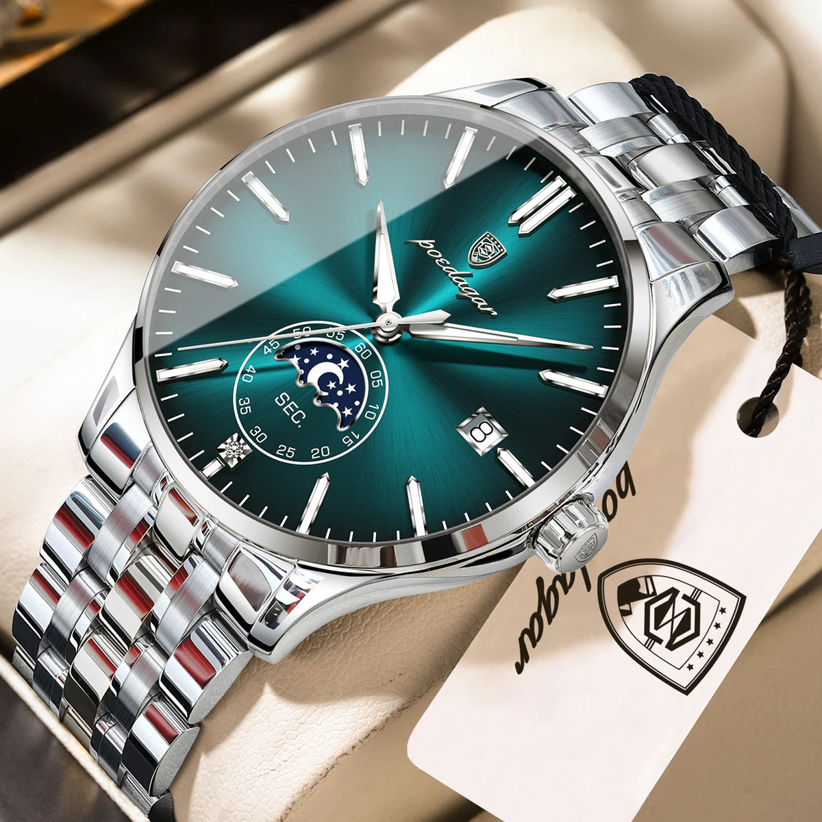 Luksusowy zegarek męski POEDAGAR, styl swobodny, ze stali nierdzewnej, z mechanizmem kwarcowym, wodoodporny, podświetlany, z datownikiem, elegancki.
