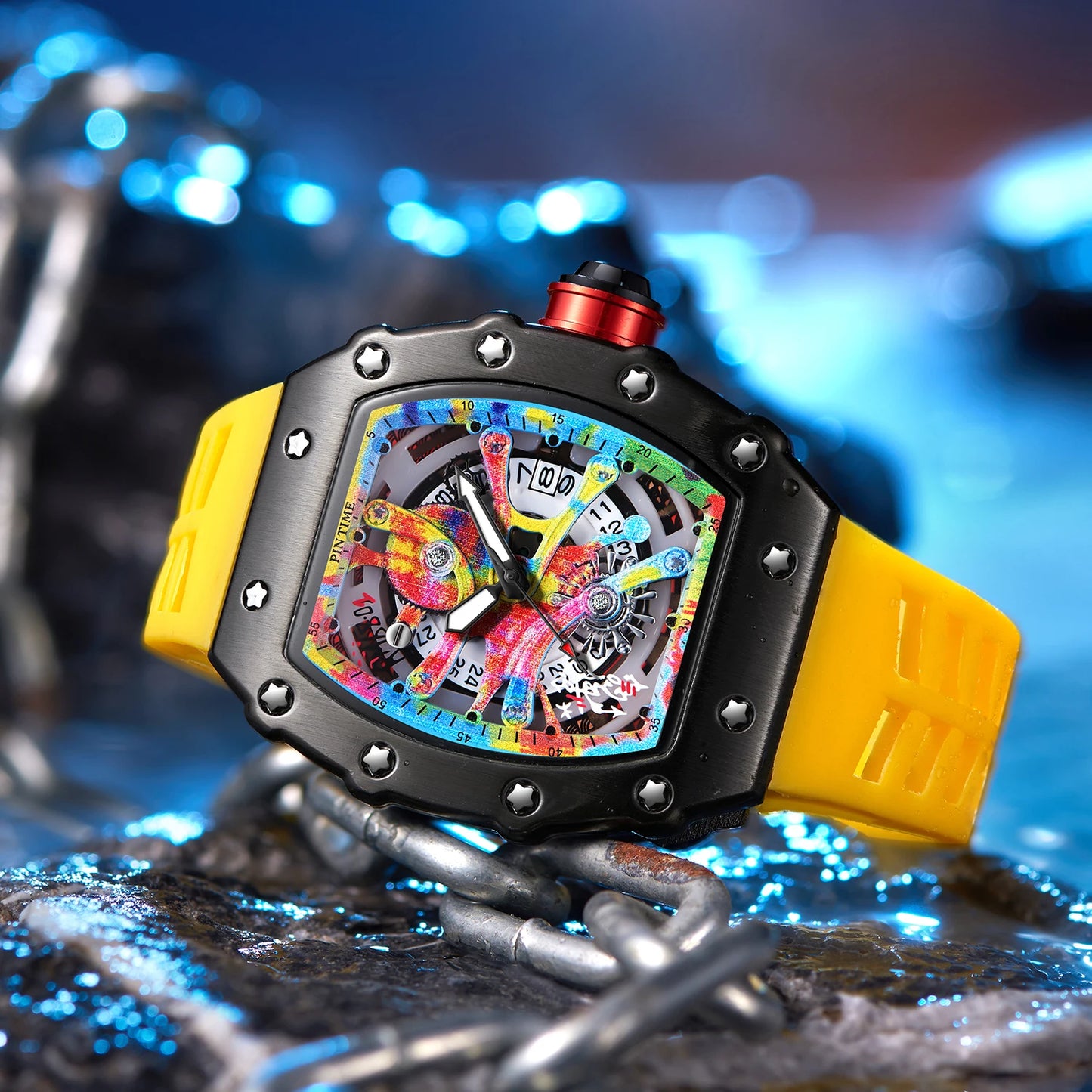 Luxury Watch Men Wrist Watches Tonneau Multifunction Graffiti Dial Auto Date Waterproof Sports Casual Clock Men Quartz Watches