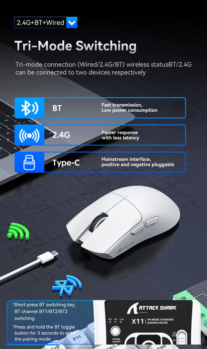 Mouse wireless Attack Shark X11&R1 Tri Mode Bluetooth con base di ricarica RGB, ergonomico e leggero, accessorio per PC gamer