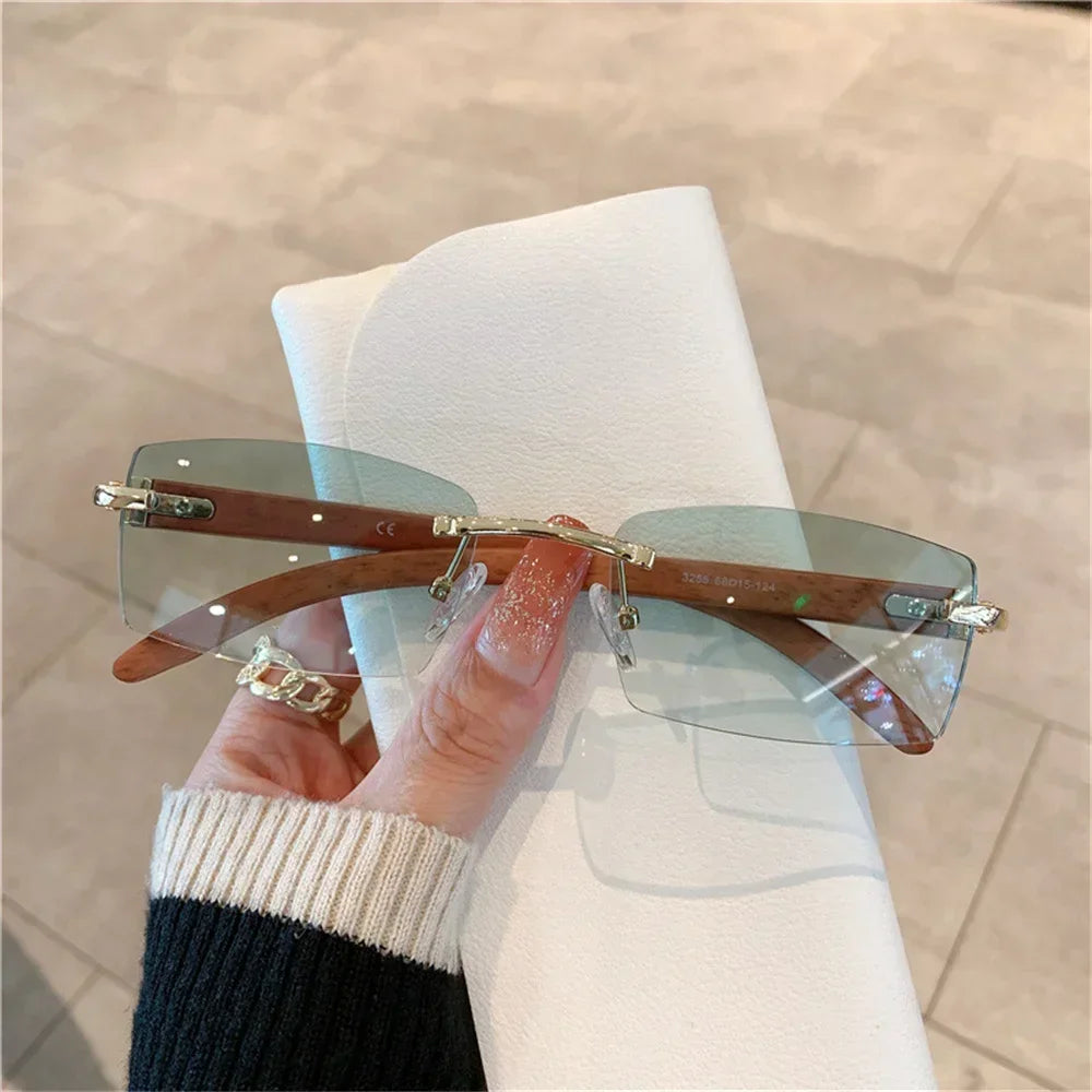 Rectangle Fashion Rimless Sunglasses for Women Men Gangster 90s Frameless Shades Retro Vintage Trendy Wooden Frame Eyewear