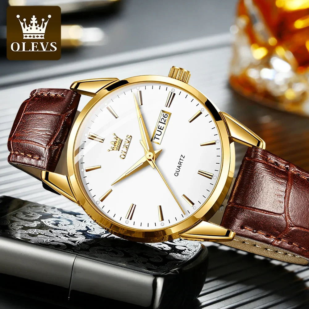 OLEVS kvartsarmbandsur för män – Lyxig och elegant stil, läderarmband, datum- och veckodagsvisning, vattentätt, perfekt för arbetet