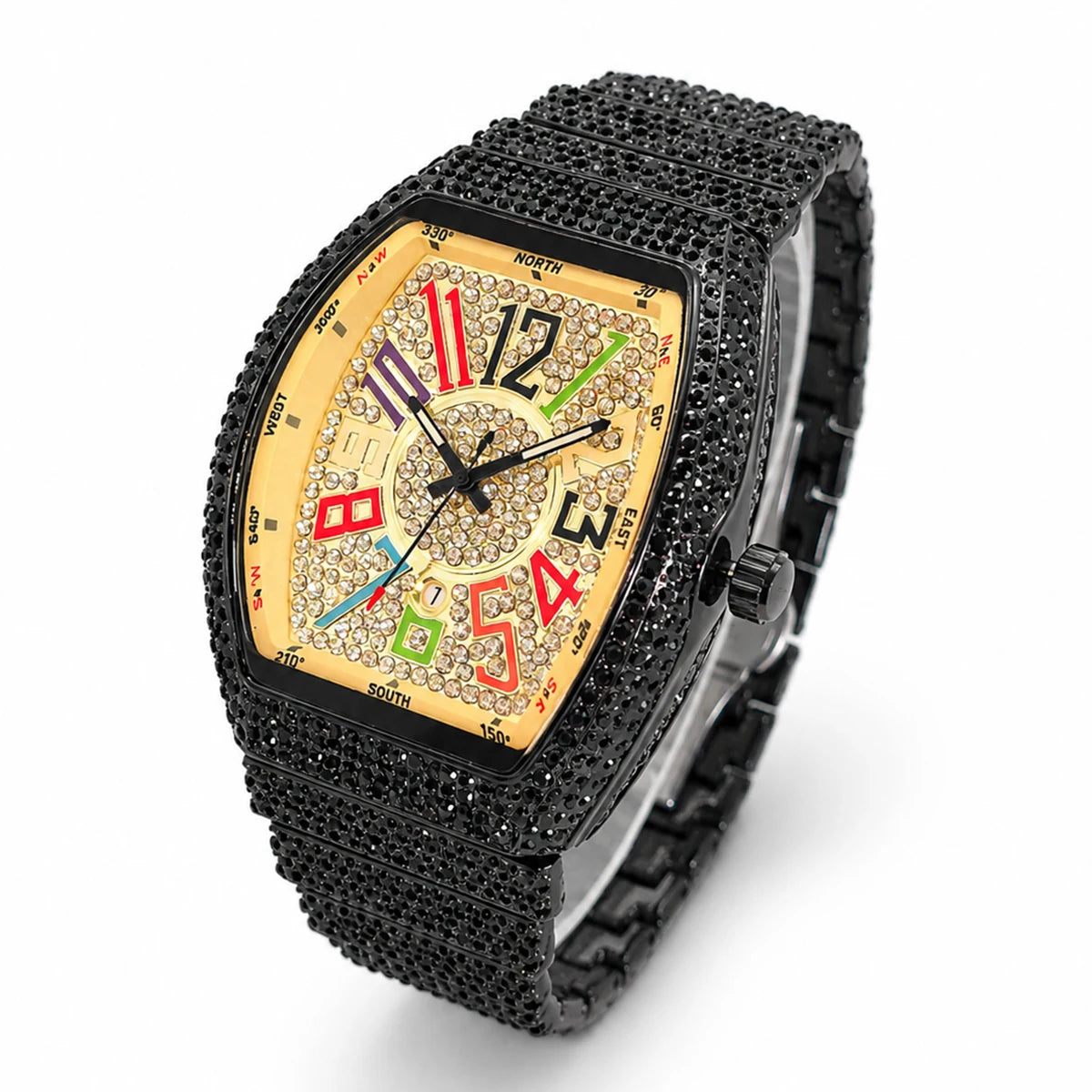 Men's Luxury Barrel-Shaped Quartz Watch With Black Iced Diamond Rainbow Number Dial Luminous Hands Watches For Man Dropshipping