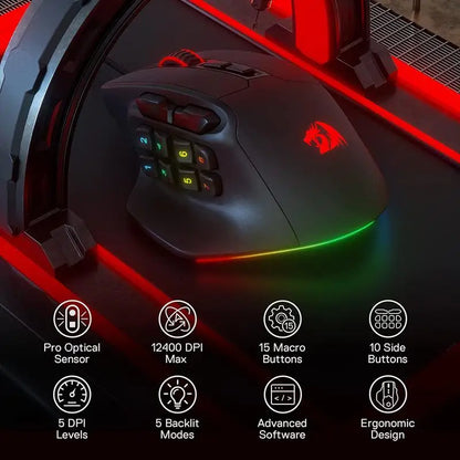 Redragon M811 Aatrox MMO-gamingmus, 15 programmerbare knapper, kablet RGB-gamermus med ergonomisk, naturligt greb