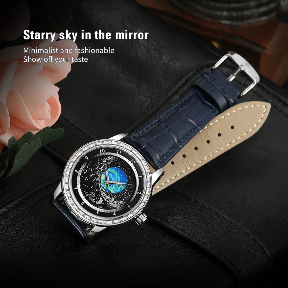 2026 FORSINING Design Earth Star Moon Set With Diamonds Genuine Belt Men Mechanical Automatic Watch Waterproof For Business