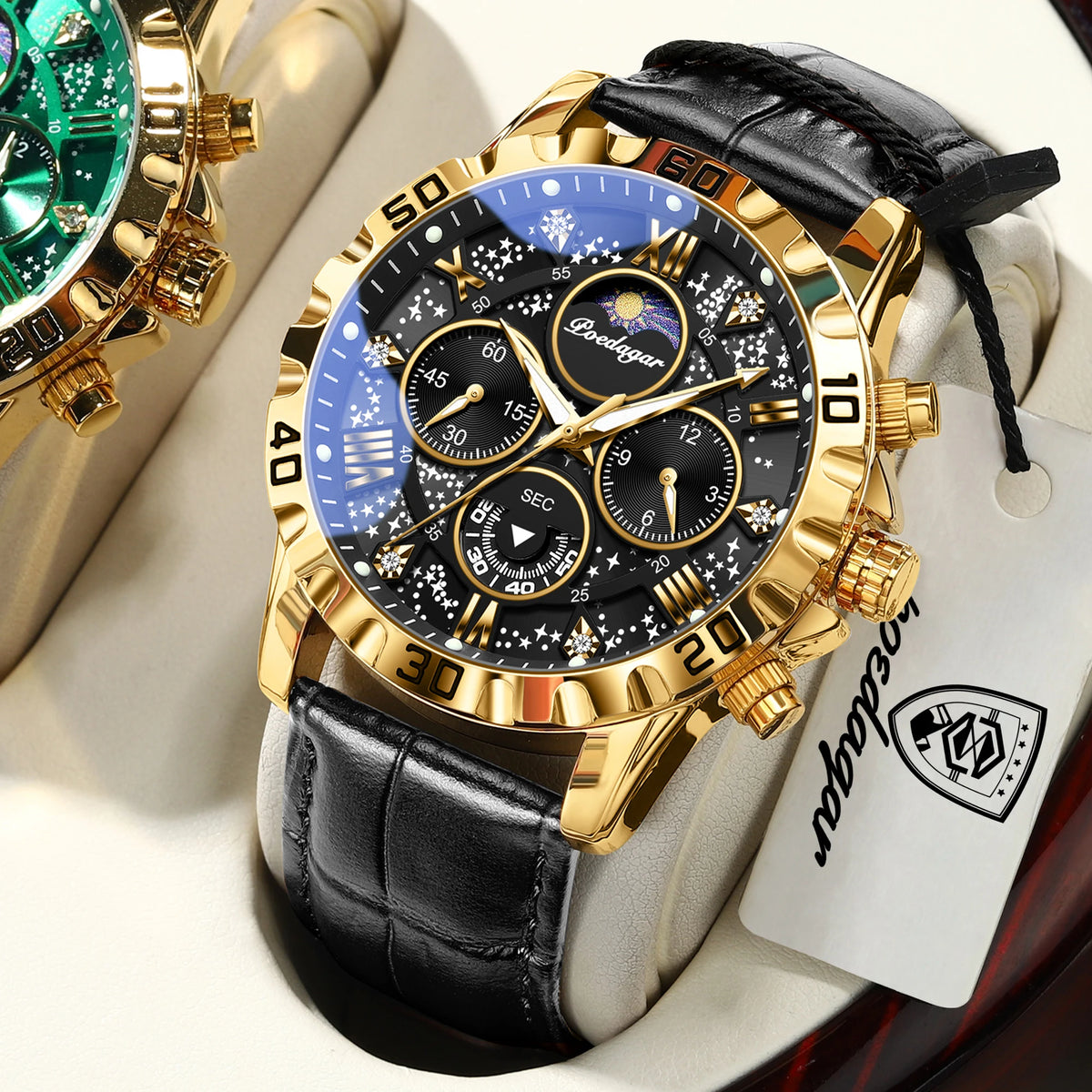 Relógio de pulso de luxo POEDAGAR para homem – Cronógrafo desportivo, estanque e luminoso, com bracelete em pele, movimento de quartzo