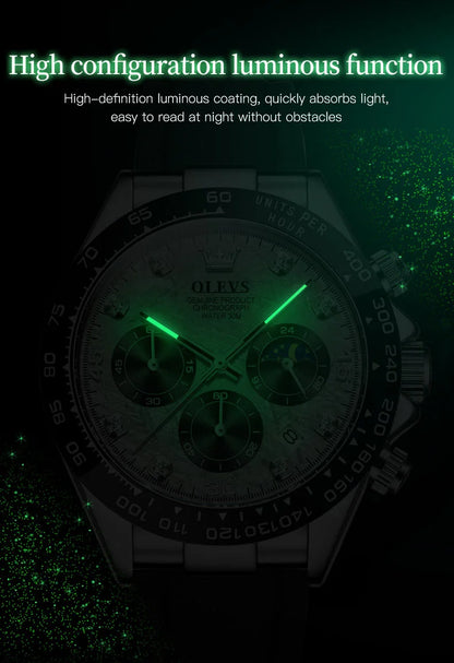 OLEVS 2875 Quartz Watch for Men Original Luxury Brand Silicone Strap Chronograph Auto Date Waterproof Moon Phase Sport Man Watch