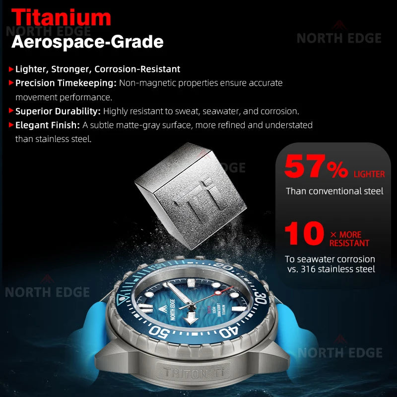 NORTH EDGE TRITON-Ti Solar Powered Dive Watch Titanium Alloy Case Men Luxury Quartz Watches For Men Waterproof 300M