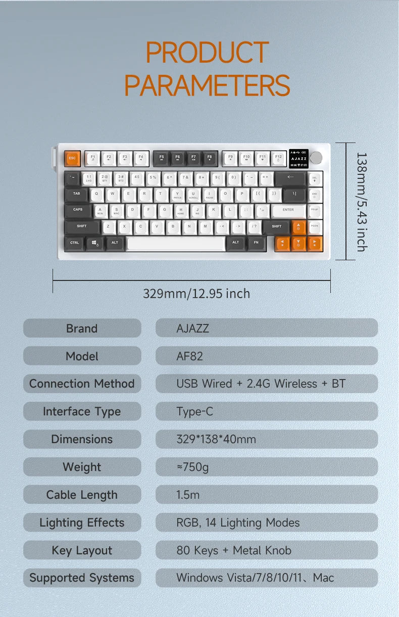 Tastiera AJAZZ AF82 Office Low Profile RGB cablata/wireless da gaming, layout 75% con 82 tasti, batteria 4000mAh per Win/Mac