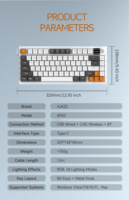 Tastiera AJAZZ AF82 Office Low Profile RGB cablata/wireless da gaming, layout 75% con 82 tasti, batteria 4000mAh per Win/Mac