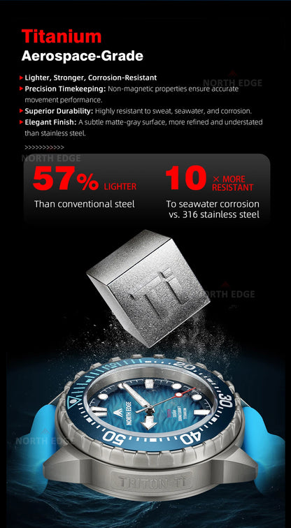 NORTH EDGE TRITON-Ti Solar Powered Dive Watch Titanium Alloy Case Men Luxury Quartz Watches For Men Waterproof 300M