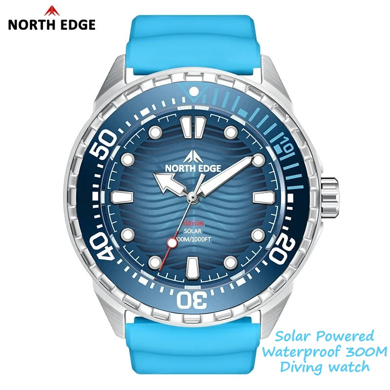 NORTH EDGE New TRITON Solar Powered Diving Watch for Man Luxury Quartz Wristwatches 316L Stainless Steel Case Waterproof 300M