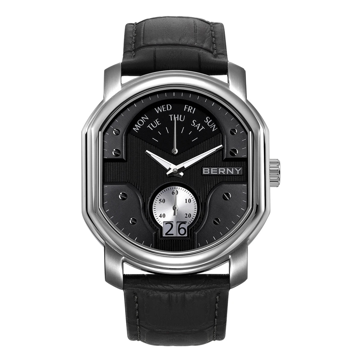 BERNY Tonneau Classic Men's Watch Quartz Luxury Top Watches Ronda 7004N Day Stainless Steel Sapphire Pendulum Dial Watch for Men