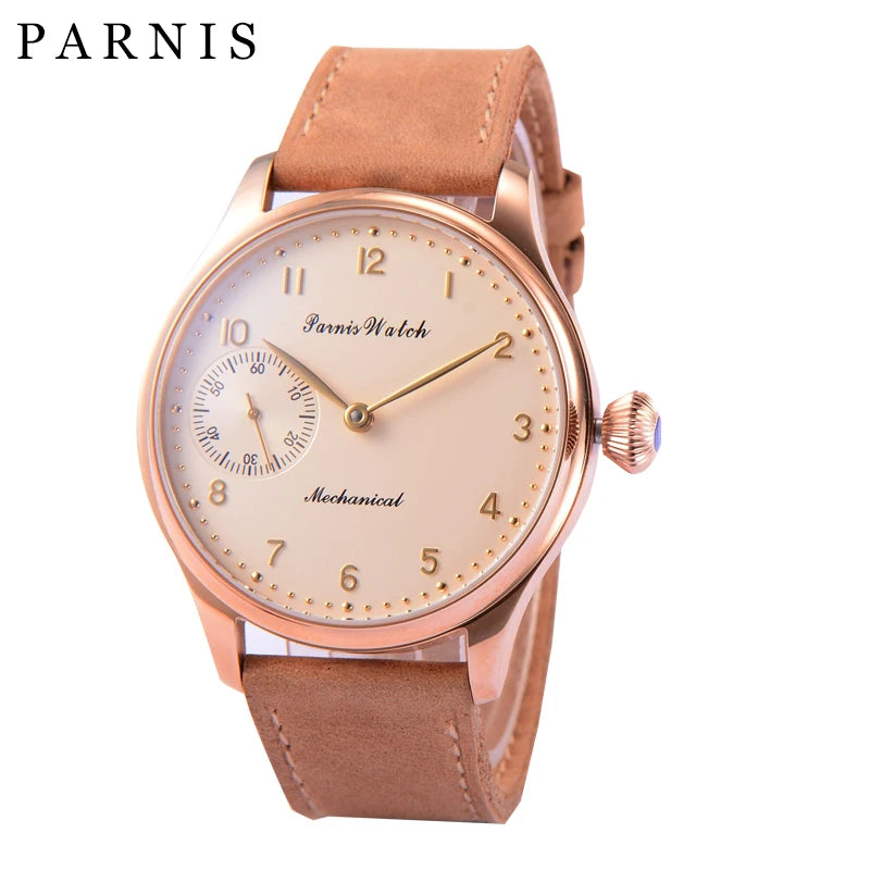 Vintage PARNIS Mechanical Hand Winding Watch Men Gold 44mm Steel Wristwatch Sport 17 Jewels 6497 Movtt Khaki Band Glass Back