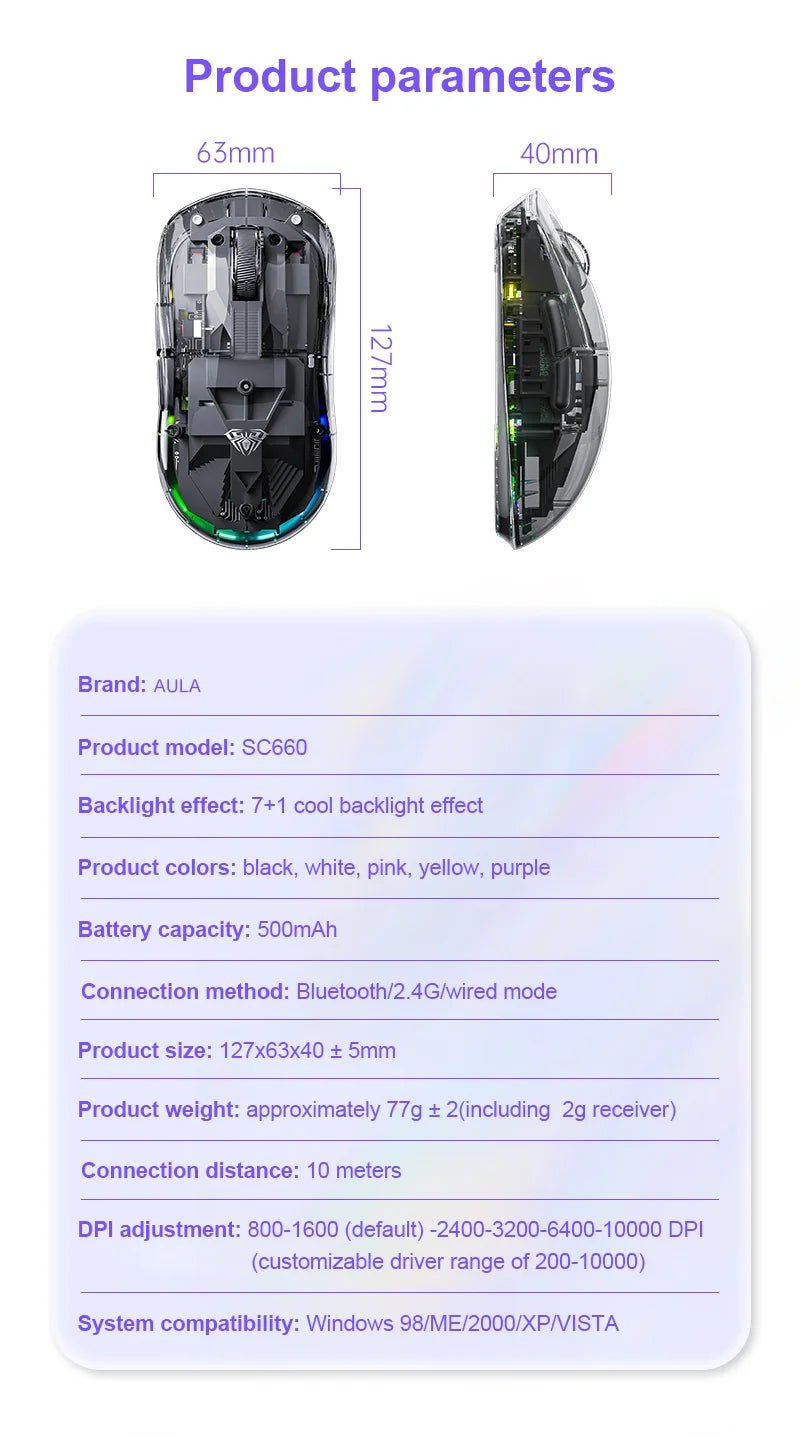 AULA SC660 trådlös Bluetooth-mus E-sportmus med tre anslutningslägen Lätt mus Type-C-laddning för spel, kontor, tjejer och killar