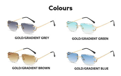 Ochelari de soare retro pentru femei, de marcă, de designer, fără ramă, ochelari de soare la modă, cu lentile tăiate neregulat, ochelari de vedere fără ramă pentru doamne
