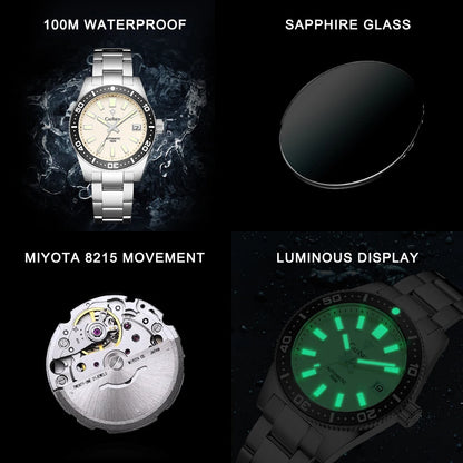 CADISEN New 38mm Diver Mens Watch Japan 8215 Automatic Mechanical Sapphire Glass Date Luminous 100M Waterproof Wrist watch Men