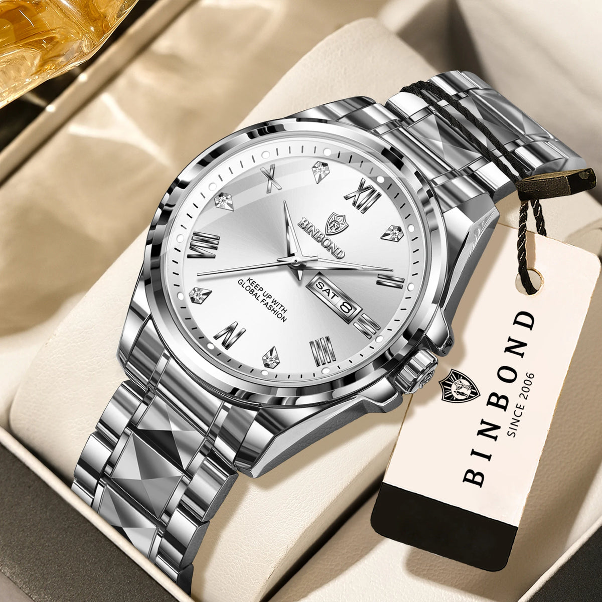 Relógio de pulso de quartzo para homem BINBOND – Estilo profissional, luxuoso, luminoso, robusto e duradouro, estanque, com indicação automática da data e do dia da semana.