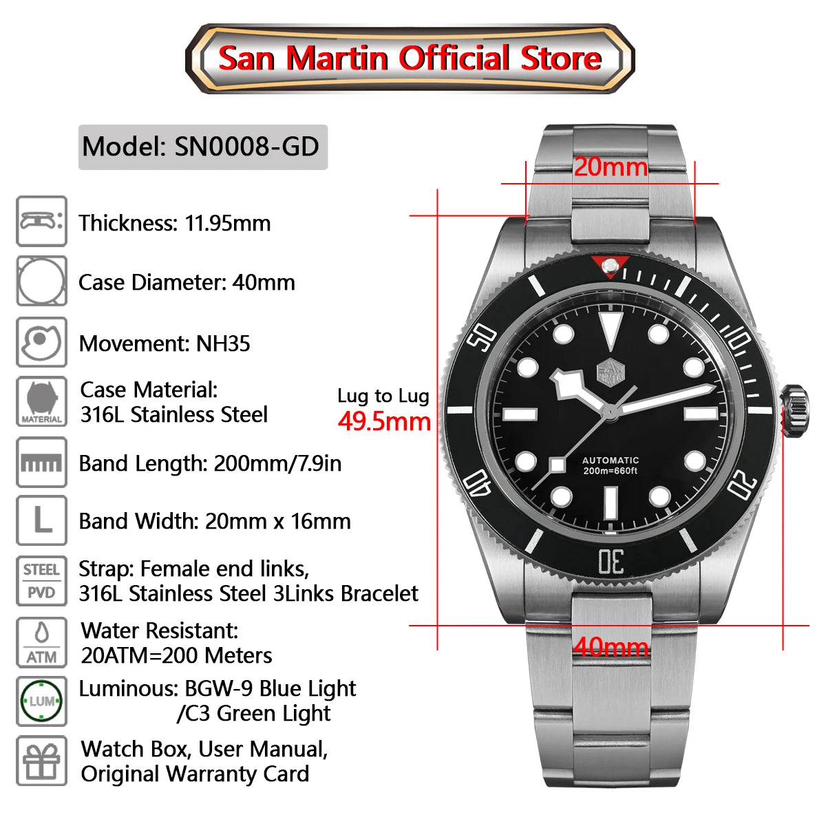 San Martin Upgraded BB58 40mm Retro Luxury Men Diver Watch NH35 Automatic Mechanical Sapphire 200m Waterproof Reloj SN0008D