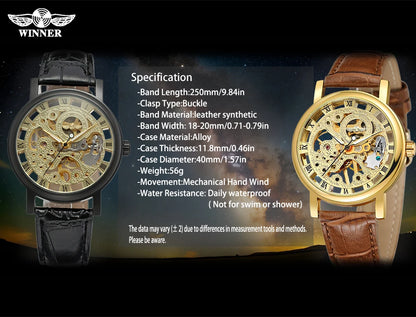 T-Winner Popular Lovers Skeleton Design Gold Watches Mechanical Hand Wind Movement PU Leather Strap Wristwatch for Men Women