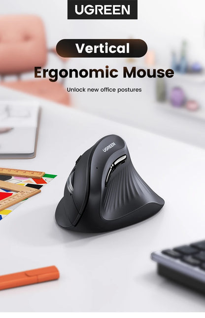 UGREEN Vertical Mouse Wireless Bluetooth 5.0 2.4G Ergonomic 4000DPI 6 Mute Buttons for MacBook Tablet Laptops Computer PC Mice