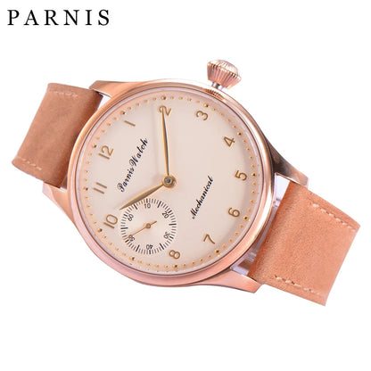 Vintage PARNIS Mechanical Hand Winding Watch Men Gold 44mm Steel Wristwatch Sport 17 Jewels 6497 Movtt Khaki Band Glass Back