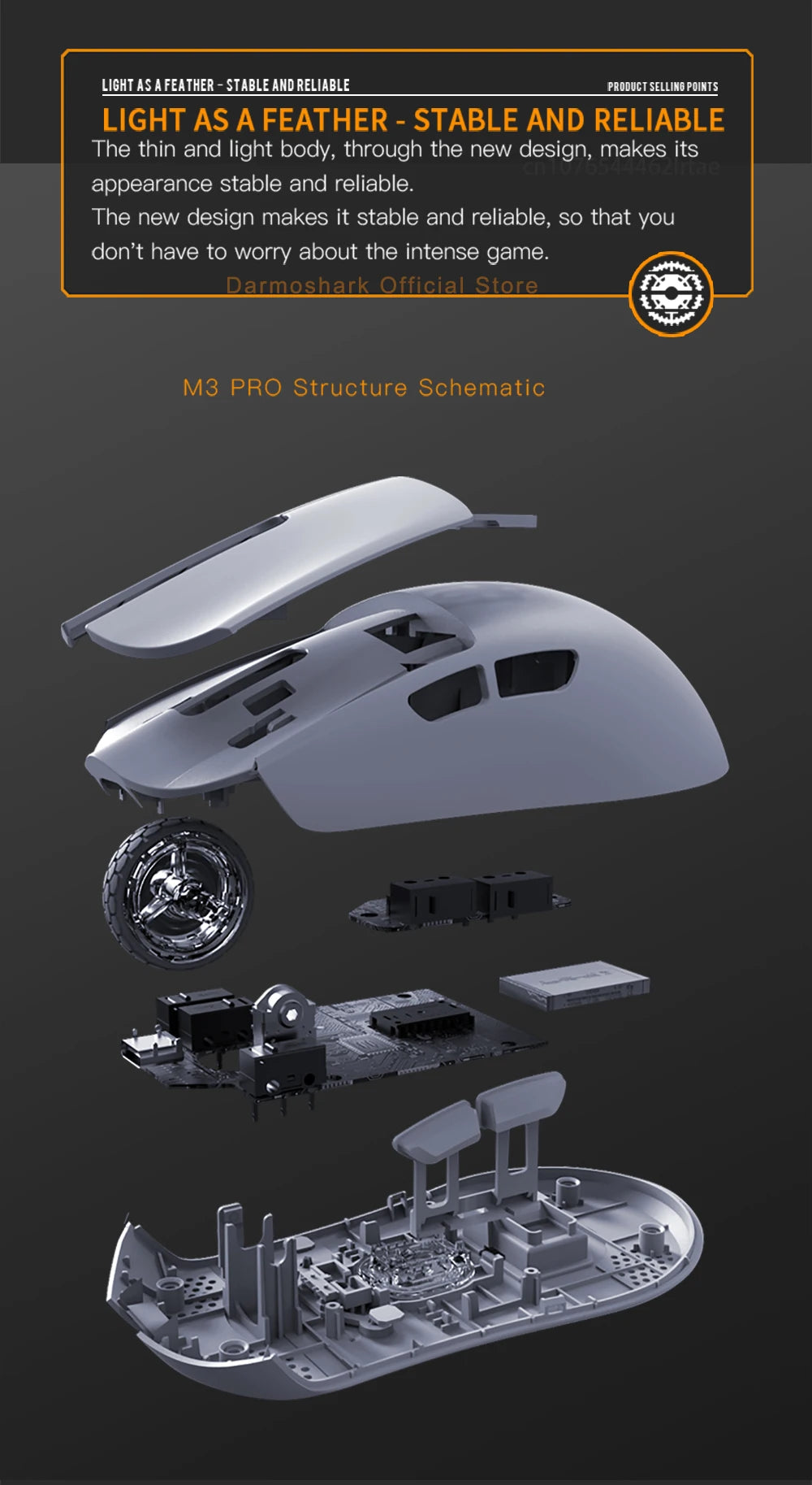 Herná myš Darmoshark M3Pro 2.4G BT bezdrôtová s trojitým režimom, snímačom PAW3395, N52840, 26000DPI, pre veľkú ruku, makro ovládač, myš na hranie