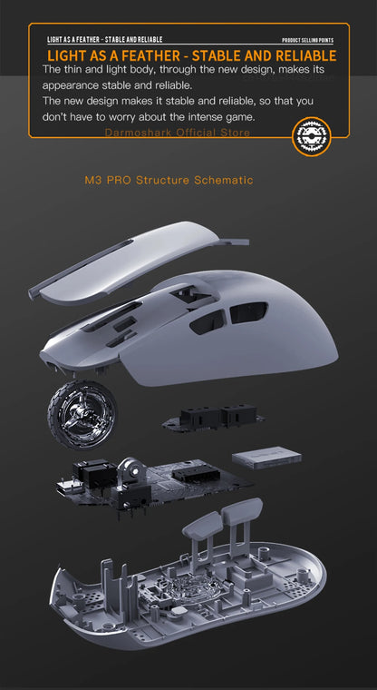 Herná myš Darmoshark M3Pro 2.4G BT bezdrôtová s trojitým režimom, snímačom PAW3395, N52840, 26000DPI, pre veľkú ruku, makro ovládač, myš na hranie