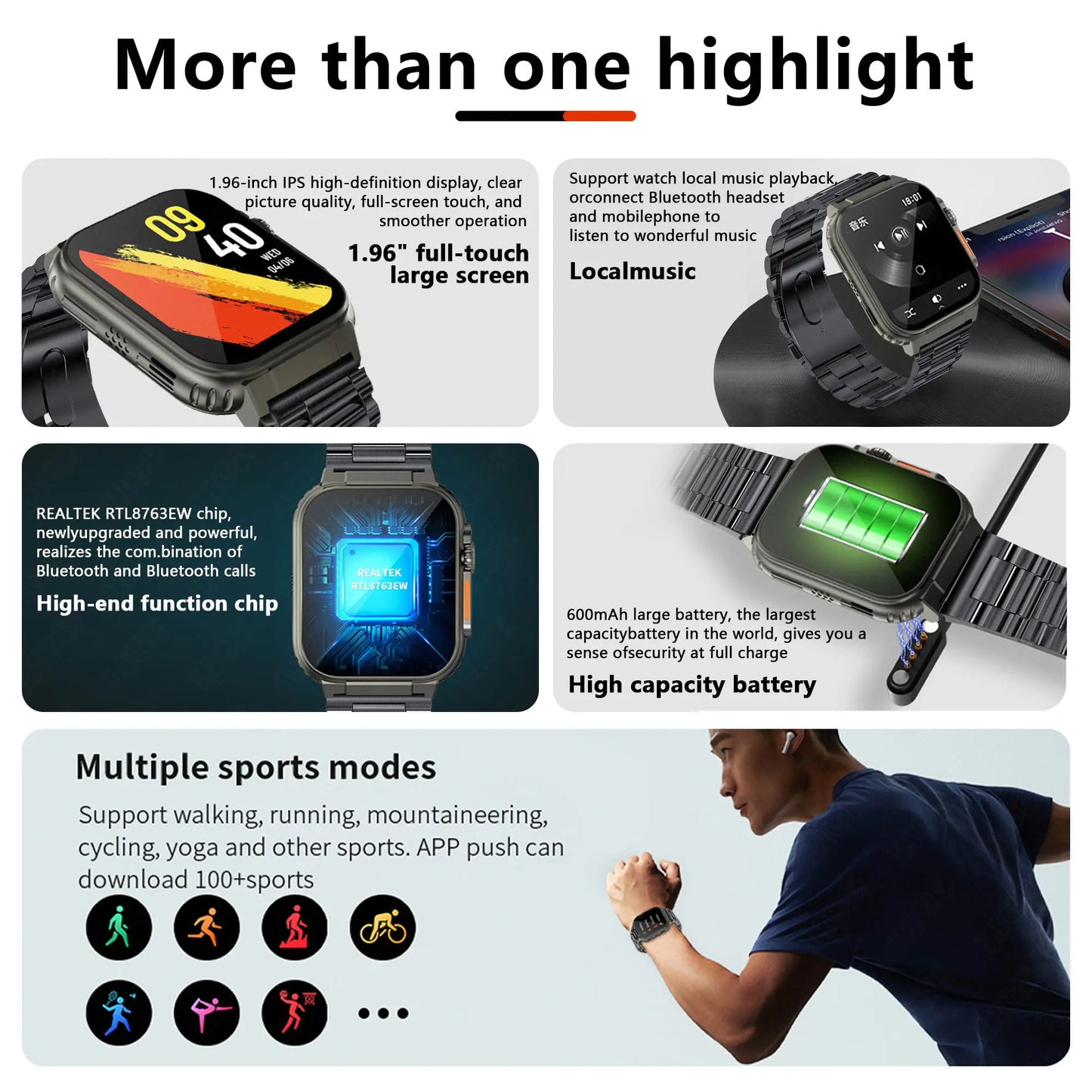 LIGE 600mAh New Ultra Smart Watch Men Bluetooth Call TWS Local Music Sport Clock 1.96'' IP68 Waterproof Relógio Smartwatch Women