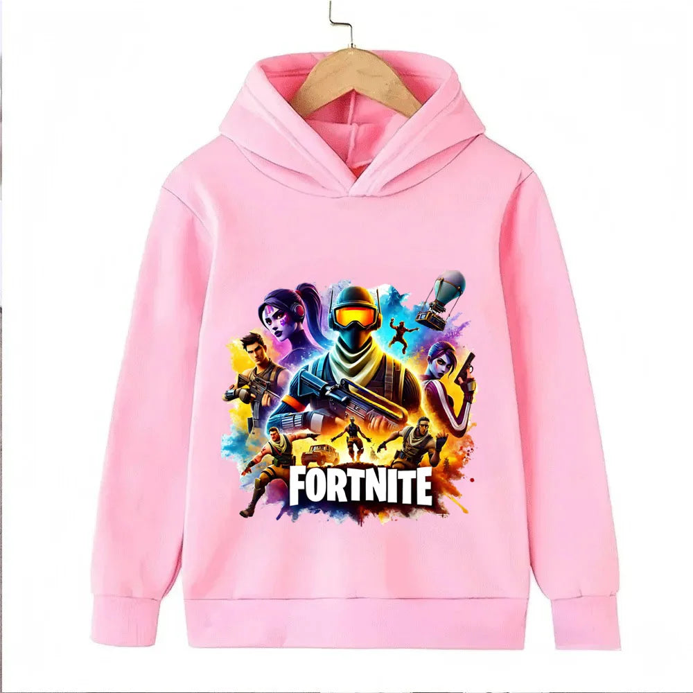 Sweats com capuz para criança com estampado do jogo Fortnite, conjunto cartoon confortável, tops largos de manga comprida, roupa de outono e inverno