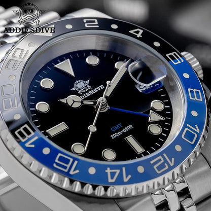 ADDIESDIVE Watch For Men Quartz GMT 20Bar Waterproof BGW9 Super Luminous 316L Stainless Steel Ceramic Bezel Watch
