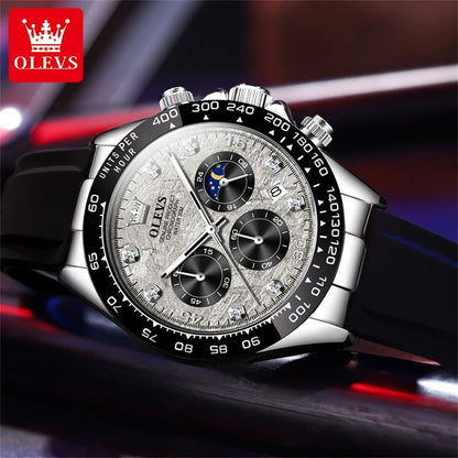 OLEVS 2875 Quartz Watch for Men Original Luxury Brand Silicone Strap Chronograph Auto Date Waterproof Moon Phase Sport Man Watch