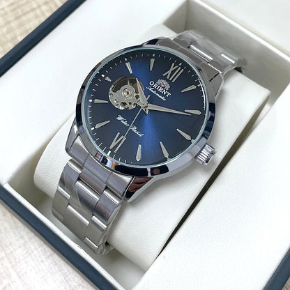Orient Men's Automatic Open Heart Watch Blue Dial Stainless Steel Band Casual Dress Wristwatch 30M Water Resistant Fashion Watch