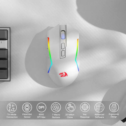 Redragon M693 trådløs/kablet BT & 2.4G Bluetooth gamingmus 8000 DPI med 3 tilslutningstilstande og RGB-baggrundsbelysning til PC/Mac/laptop
