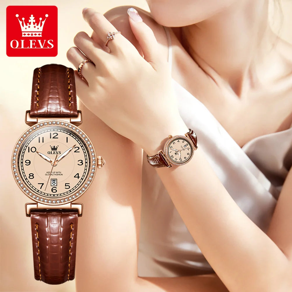 OLEVS 2025 New Fashion Womens Watches Top Brand Luxury Leather Strap Waterproof Calendar Diamond  Quartz Watch Relogio Feminino
