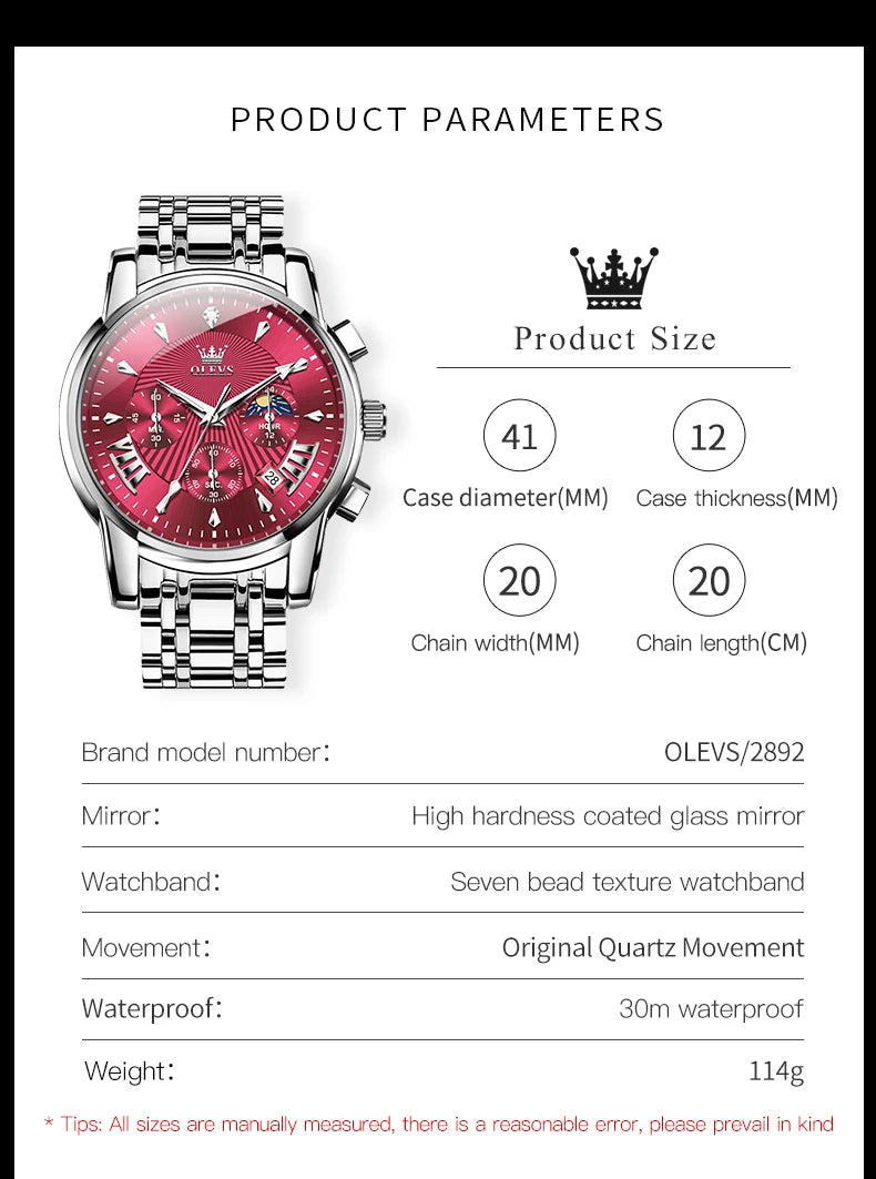 OLEVS Brand Fashion Red Watch for Men Luxury Sport Waterproof Stainless Steel Chronograph Quartz Watches Relogio Masculino