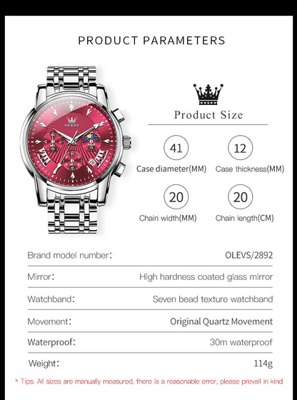 OLEVS Brand Fashion Red Watch for Men Luxury Sport Waterproof Stainless Steel Chronograph Quartz Watches Relogio Masculino