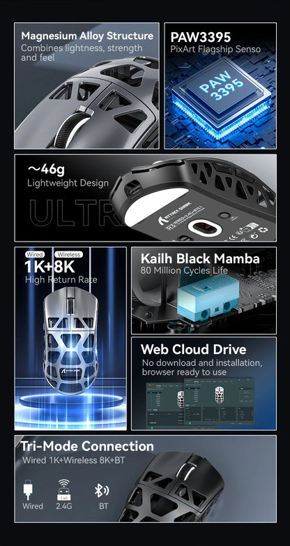 ATTACK SHARK R3 gaming miš od magnezijske legure s honeycomb dizajnom, ultra lagan 8K Hz, PAW3395 senzor, 26000 DPI, ergonomska školjka