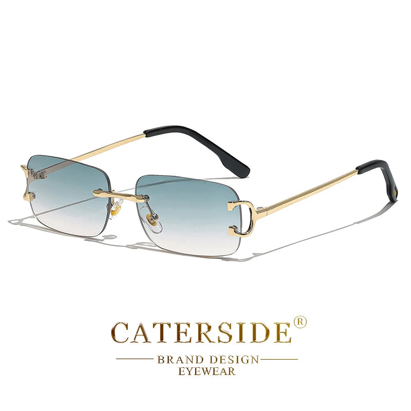 CATERSIDE Ochelari de soare dreptunghiulari albaștri pentru bărbați, ochelari de soare pătrați fără ramă din metal, la modă, pentru femei, cu lentile degradate, ochelari de exterior, UV400