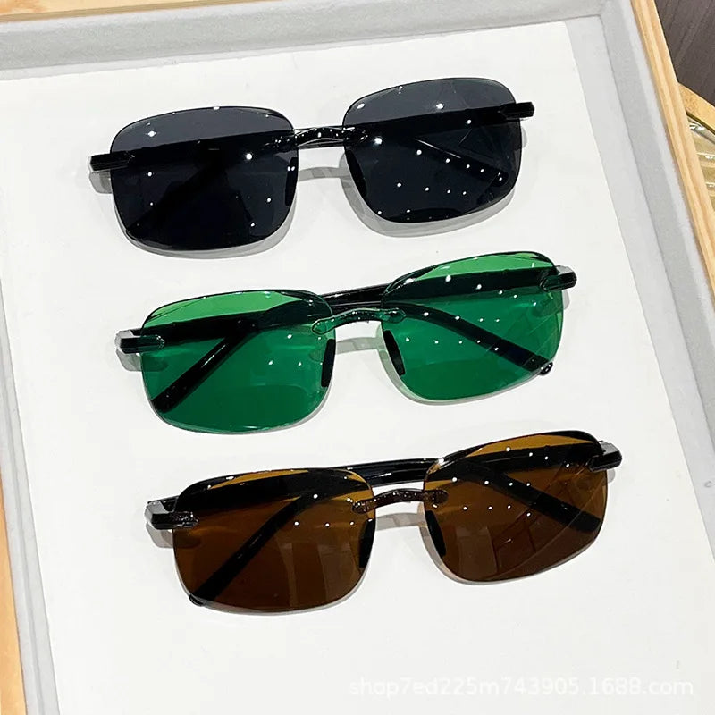Ochelari de soare vintage, fără ramă, cu margini tăiate, ochelari de soare de designer, ochelari de soare de lux maro și verzi, UV400, pentru bărbați și femei