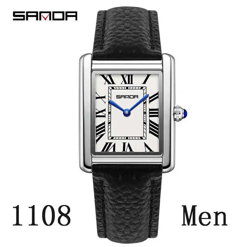 SANDA New Couple Tank Watches Wear Resistant Leather Strap Luxury Square Dial Waterproof Sports Casual Men Women Quartz Watches